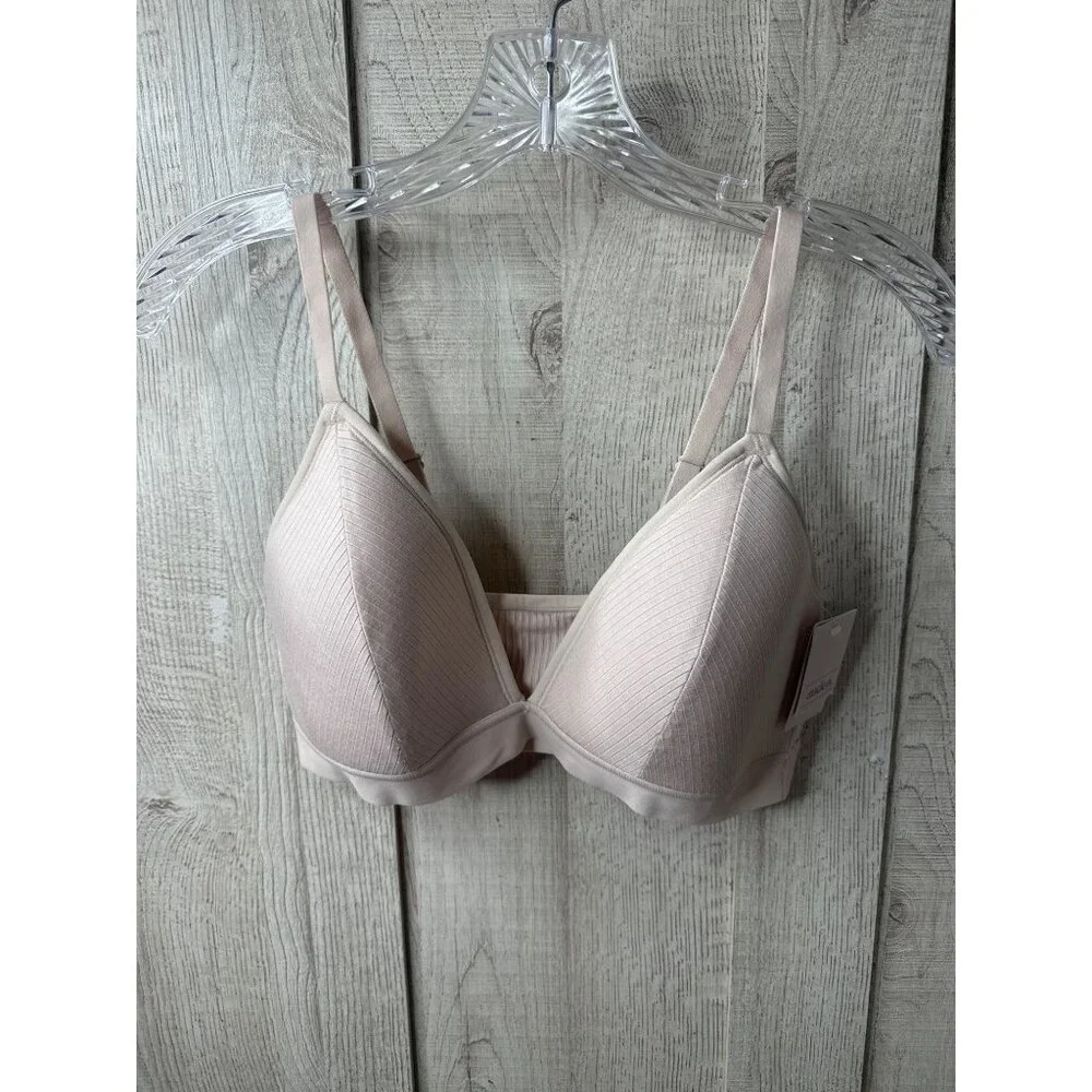 Auden Womens Light Pink Ribbed Wireless Padded Bra Large w/ Adjustable Straps